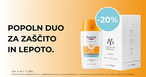 Popoln duo za zaščito in lepoto - paket izdelkov Novelius Medical Hydrocollagen in Eucerin Sun Hydro Protect Ultra lahki fluid za zaščito pred soncem vam je na voljo 20% ugodneje.